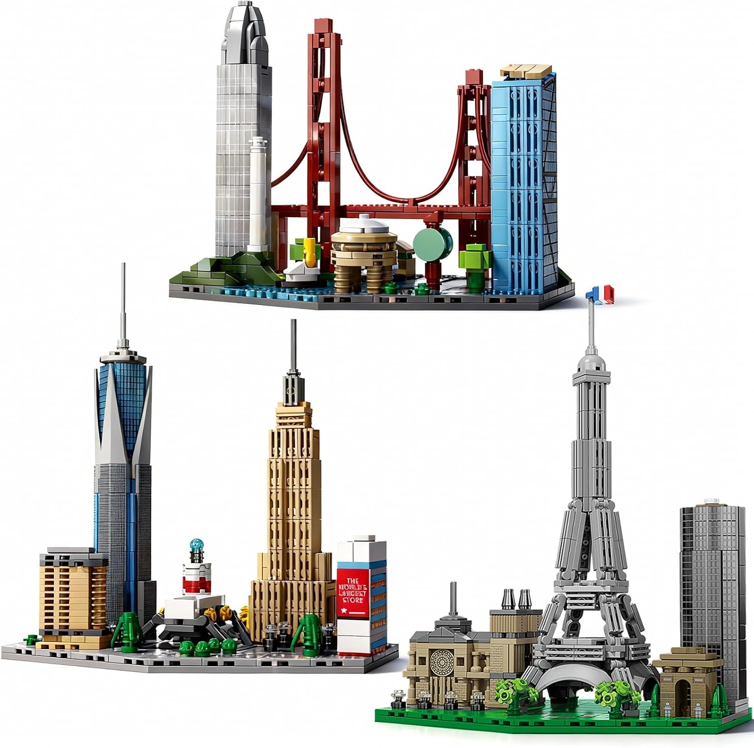 3 City Architecture Skyline Building Set, Paris, New York & San Francisco