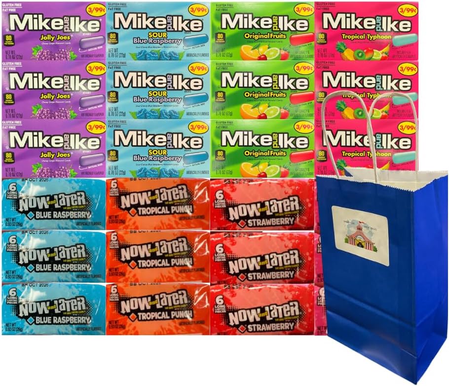 Assorted Candy Mix Variety Pack 24 Count – 4 Flavors Each of Mike and Ike & Now and Later – Chewy Fruity Candy – Party Snack with Blue Paper Bag