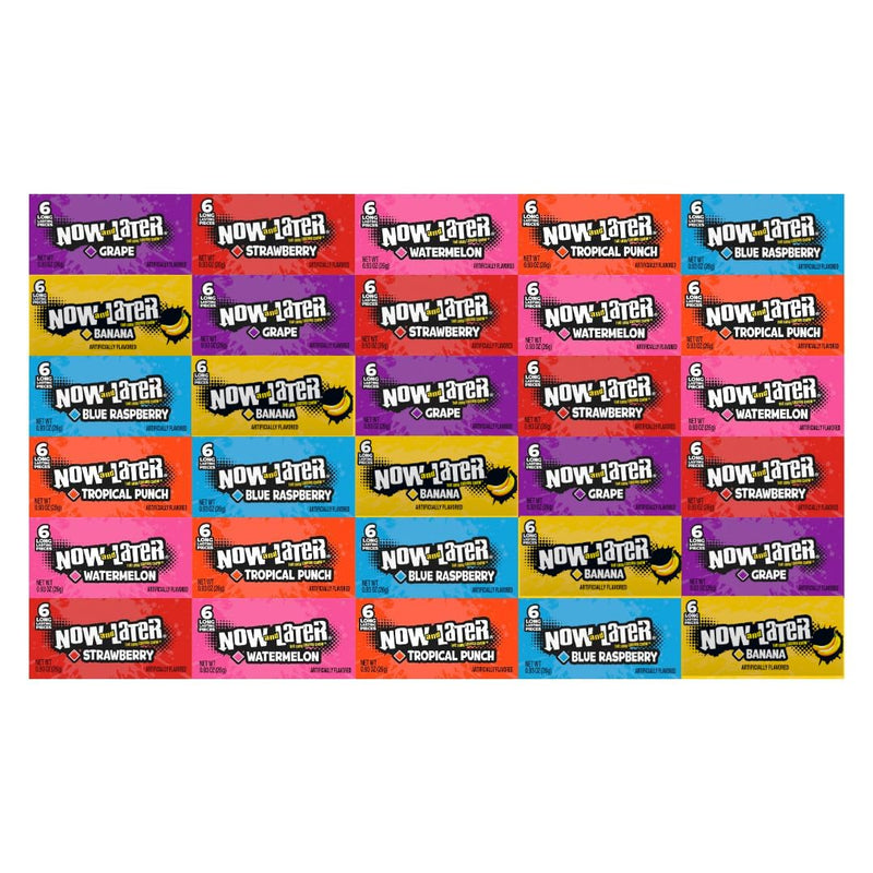 Variety Pack Now and Later Candy, 30 Individually Wrapped Pieces, 5 Each of Grape, Banana, Blue Raspberry, Tropical Punch, Watermelon, Strawberry, 0.93 oz