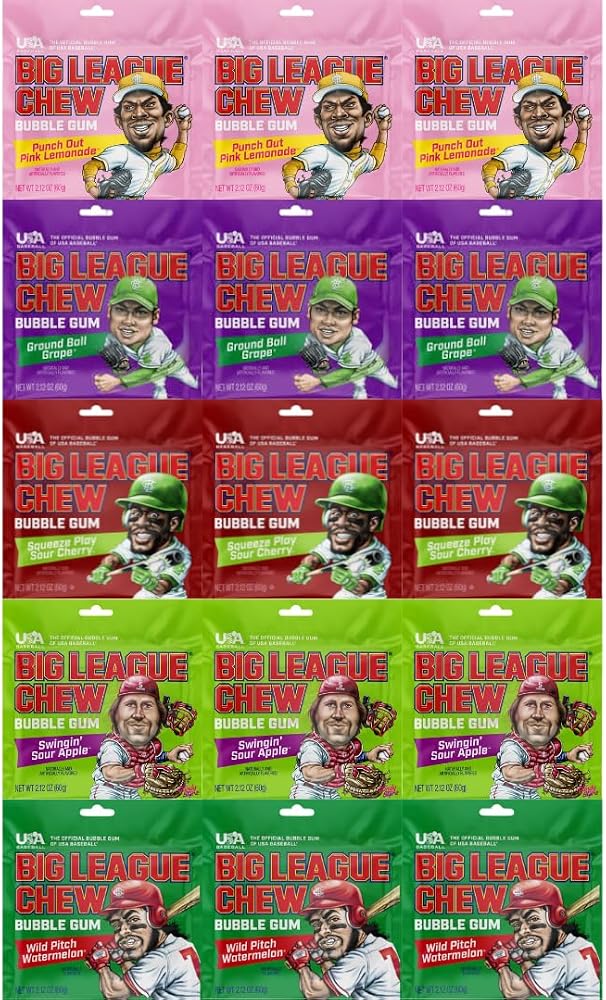 Variety Pack Big League Chew Bubble Gum, 15 Pack (2.12 oz Total), Classic Chewing Gum for Kids and Adults, Fun Shredded Bubble Gum Snack Packs, Assorted Flavor Mix