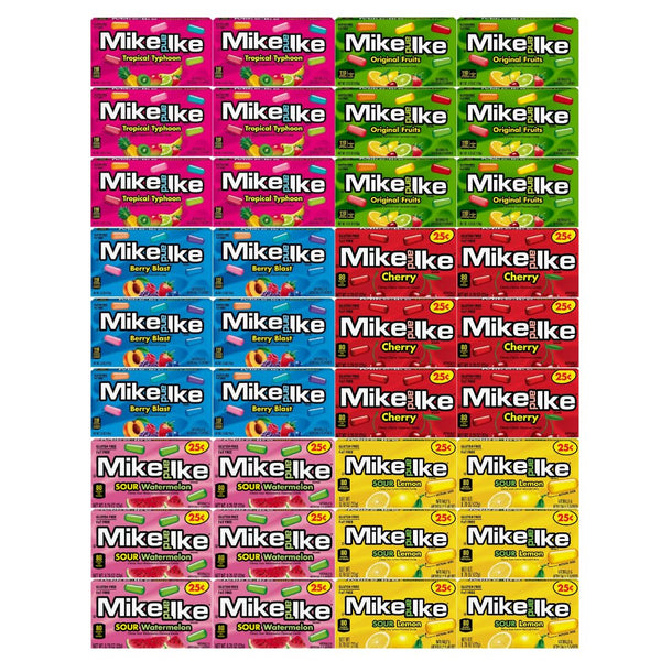 Candy Assorted Flavor Mike and Ike, 6 Flavor - Tropical Typhoon, Berry Blast, Cherry, Sour Watermelon, Sour Lemon, Original Fruits, 0.78 Oz, 6 Each Flavor, 36 Pack - Perfect for Parties & Snacking