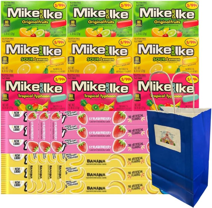 Big Top Deals USA Blue 5.25x3.2x8 Paper Bag with 15ct Mike and Ike & Taffy Ropes – Original Fruits, Sour Lemon, Tropical Typhoon, Strawberry, Banana – Assorted Mini Snacks Bulk Treats