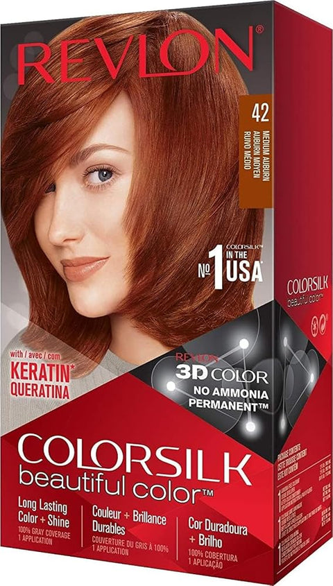 REVLON Colorsilk Beautiful Color, Permanent Hair Color with 3D Gel Technology & Keratin, 100% Gray Coverage Hair Dye, 42 Medium Auburn