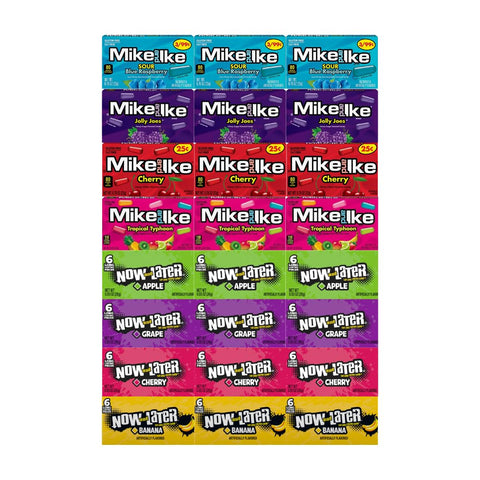 Assorted Candy Mix, 4 Flavors of Mike and Ike, 4 Flavors of Now and Later, 3 Each Flavor, 24 Pack – Bulk Chewy and Fruity Candy Variety for Snacking and Sharing