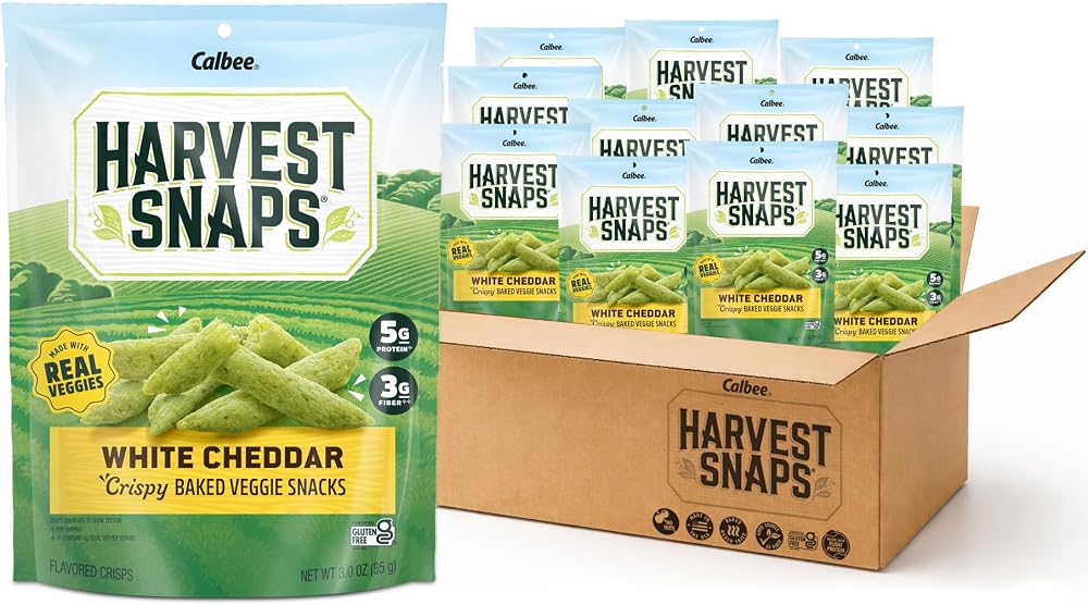 Harvest Snaps Veggie Chips (White Cheddar Snack Crisps) | Powered by Plant Protein, Gluten Free, Non-GMO Baked Vegetable Crisps | Made in USA (12 Snack Packs)