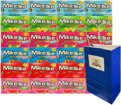 Variety Pack Mike and Ike Candy 24 Pack, 0.78 Oz Each, Includes Sour Blue Raspberry, Tropical Typhoon, Original Fruits, Berry Blast, Cherry, Sour Watermelon, Plus Blue Gift Bag 5.25x3.2x8 Inch
