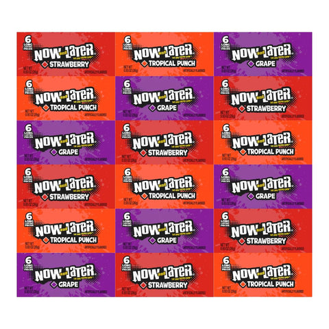Variety Pack Candy Now and Later – 18 Count Individually Wrapped Chewy Candy Assortment – Includes 6 Each of Tropical Punch, Grape, Strawberry – Perfect for Snacking, Sharing, and Party Favors