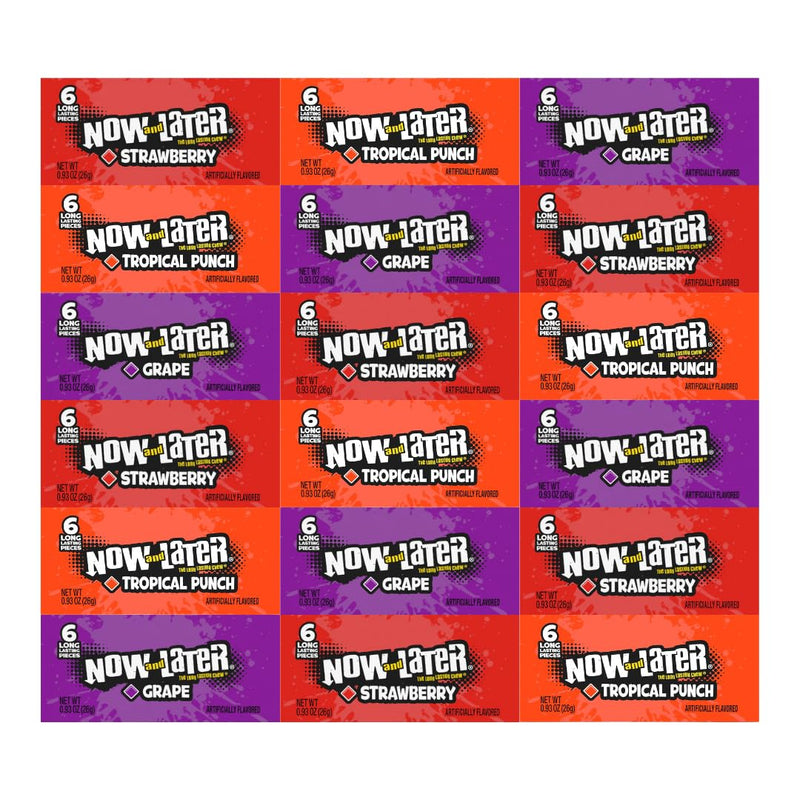 Variety Pack Candy Now and Later – 18 Count Individually Wrapped Chewy Candy Assortment – Includes 6 Each of Tropical Punch, Grape, Strawberry – Perfect for Snacking, Sharing, and Party Favors