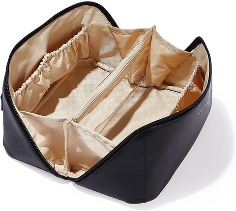 EACHY Travel Makeup Bag,Cute Faux Fur Cosmetic Bag for Women,Portable 180°Wide-Open Flat Make Up Bag,Large Capacity Makeup Pouch Make Up Organizer with Divider and Handle
