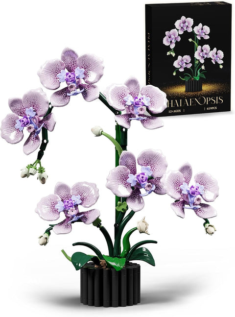 Phalaenopsis Orchid Flower Building Block Set,Compatible with Lego Flower Featuring Printed Floral Patterns on The Blocks' Petals, Ideal for Tabletop displays and as a Gift (Purple，619PCS)