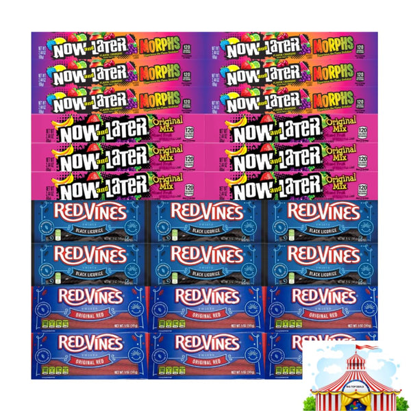 Candy Assortment - Now and Later & Red Vines, 4 Flavors - Original Red, Black Licorice, Original Mix, Morphs - 6 Each Flavor, 24 Pack - Perfect for Parties and Gifting, Delicious & Fun Variety