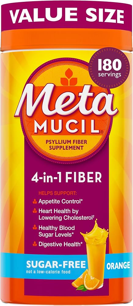 Metamucil 4-in-1 Psyllium Husk GLP-1 Friendly Fiber Supplement, Sugar-Free, 180 teaspoons, Orange Flavored, Daily Fiber Powder for Digestive Health, made with Plant-Based Psyllium Husk Fiber