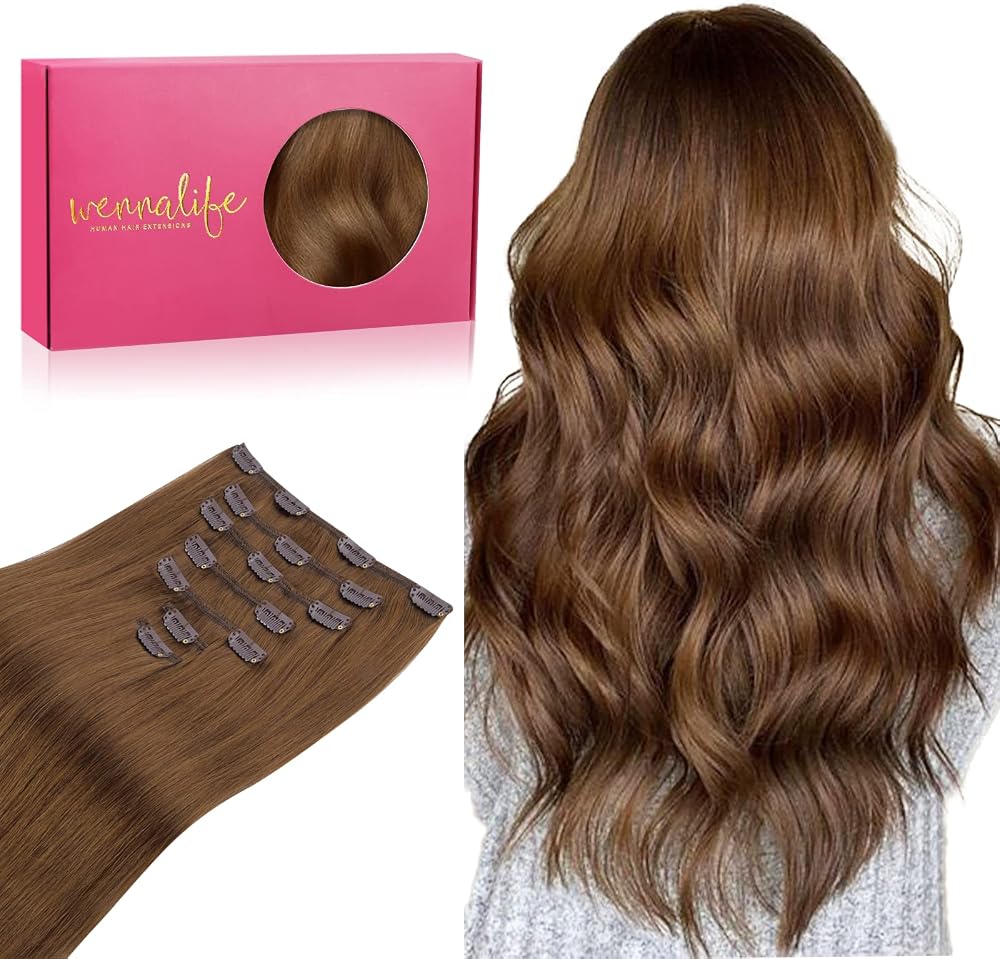 WENNALIFE Clip in Hair Extensions Real Human Hair, 18 Inch 120g 7pcs Human Hair Extensions Clip In Human Hair, Light Auburn Brown Hair Extensions Clip In Real Hair Coloured Remy Human Hair Extensions