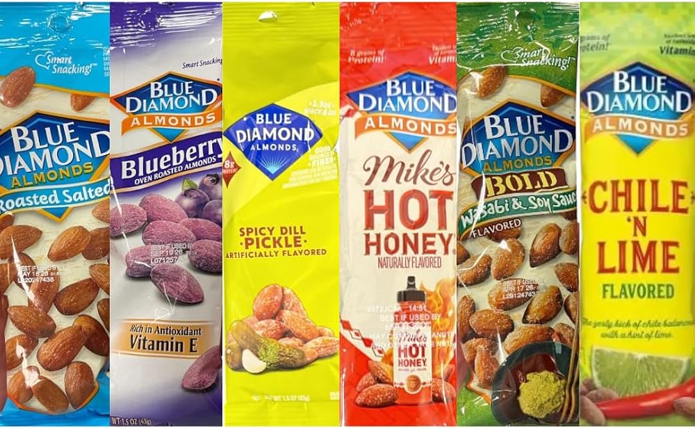 Diamond Almonds Variety Pack, Hot Honey, Spicy Dill Pickle, Roasted Salted, Blueberry, Wasabi & Soy Sauce, Chile ’N Lime, 1.5 oz Bags, 6 Pack