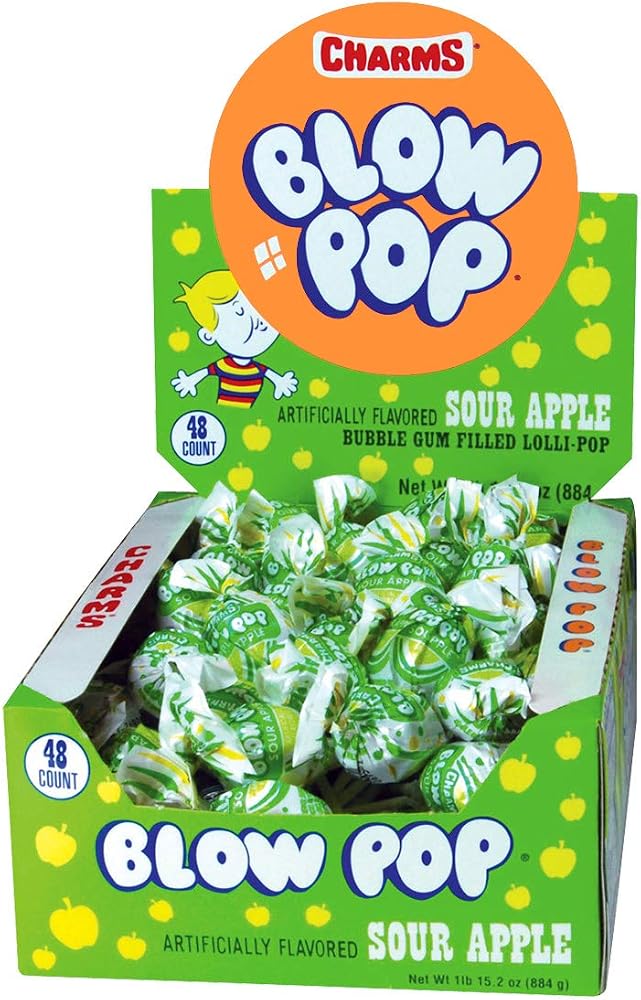 Charms Blow Pop Lollipops, Sour Apple Flavor, 48 Count Box (Pack of 1)