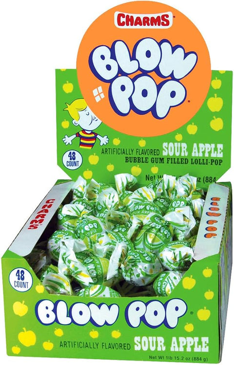 Charms Blow Pop Lollipops, Sour Apple Flavor, 48 Count Box (Pack of 1)