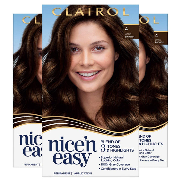 Clairol Nice'n Easy Permanent Hair Dye, 4 Dark Brown Hair Color, 3 Count