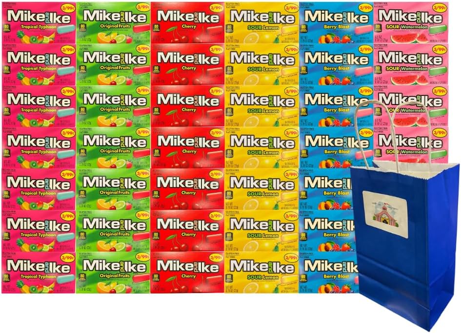 Candy Assortment Mike and Ike, 6 Flavors - Sour Watermelon, Sour Lemon, Tropical Typhoon, Cherry, Berry Blast, Original Fruits - 7 Each Flavor, 0.78 oz, 42 Pack