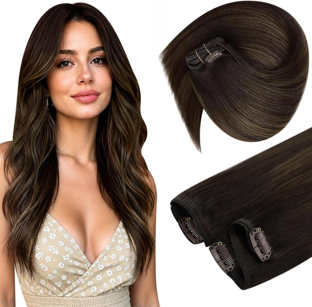 Sunny Hair Clip in Hair Extensions Real Human Hair Dark Brown Balayage