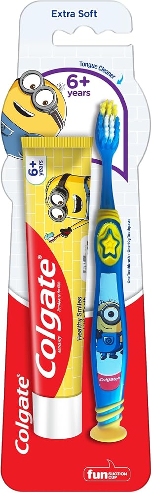 Colgate Kids (6+ Years) Minion Toothbrush, Extra Soft with Tongue Cleaner - 1 Pc & Minion Toothpaste - 40 Grams, Manual, Multicolor