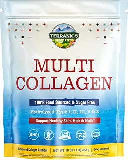 Terranics Multi Collagen Peptides Powder, 1lb, 20g Per Serving, Hydrolyzed Collagen Type I II III V X, Bovine Marine Chicken & Eggshell, No Sugar, Keto, Beauty & Movements Support, Unflavored, 16oz