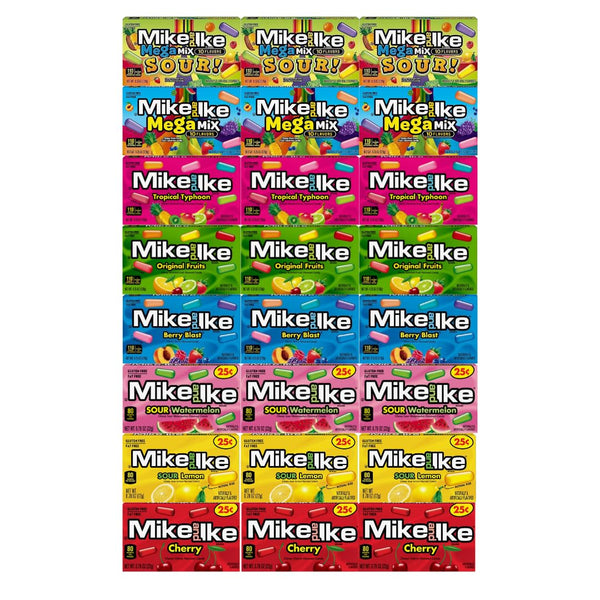 Candy Assorted Flavor Mike And Ike - Original Fruits, Tropical Typhoon, Berry Blast, Mega Mix, Mega Mix Sour, Sour Lemon, Sour Watermelon, Cherry - Theater Size Boxes, 8 Flavors, 3 Each, 24 Pack