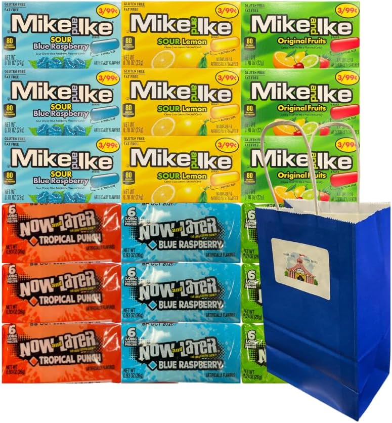 Assorted Candy Mix 18 Pack – 3 Mike and Ike & Now and Later Flavors – Individually Wrapped – Blue Paper Gift Bag – Bulk Candy Variety for Parties, Gifts, Goodie Bags, Classroom, Travel, Events