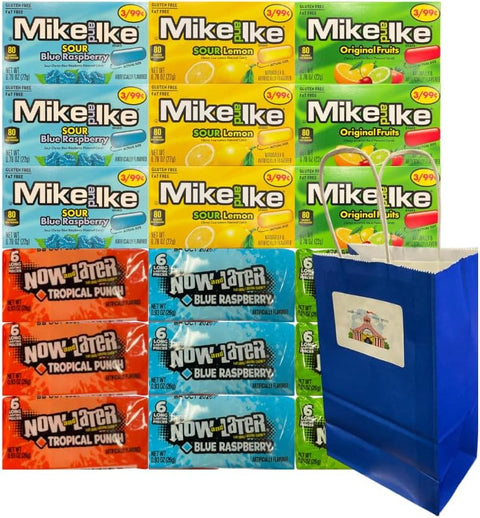 Assorted Candy Mix 18 Pack – 3 Mike and Ike & Now and Later Flavors – Individually Wrapped – Blue Paper Gift Bag – Bulk Candy Variety for Parties, Gifts, Goodie Bags, Classroom, Travel, Events