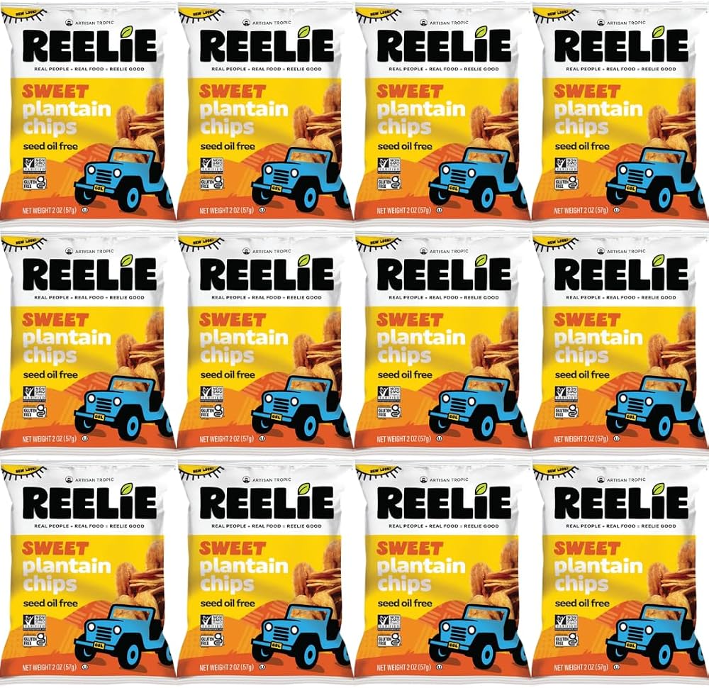 Sweet Plantain Chips Reelie, 2 oz, 12 Pack | Crunchy Snack, Chips Bulk Pack for Snacking, Party Snacks, On-the-Go Snack