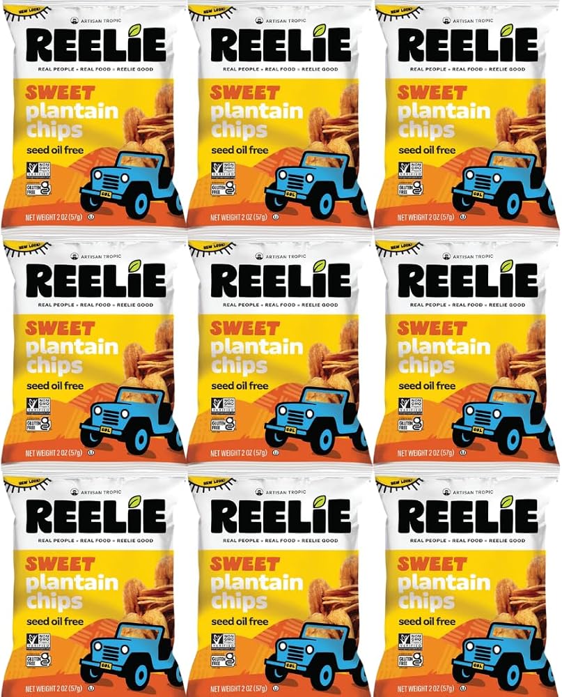 Sweet Plantain Chips Reelie Sweet Flavor 2 oz Bags 9-Pack | Crispy Crunchy Snack, Gluten Free, Non-GMO, Vegan Friendly, Bulk Pack Ready-to-Eat Healthy Snack
