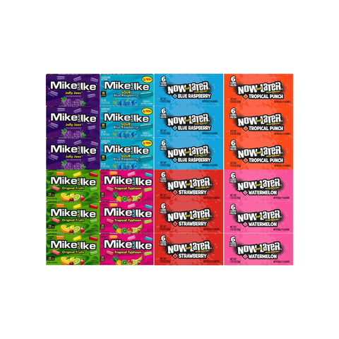 Assorted Candy Mix, Mike and Ike & Now and Later Variety Pack, 24 Pieces, Individually Wrapped, Perfect for Snacking, Parties, Office, or Gifting