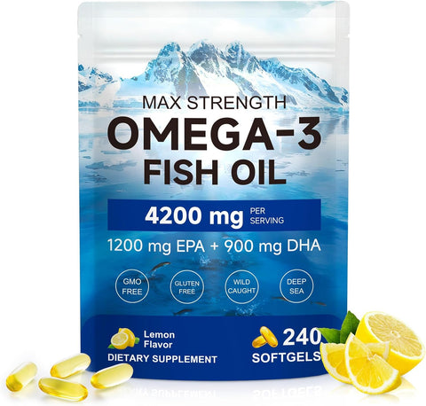 Triple-Strength Omega 3 Fish Oil Supplement 240 Softgels - High Potency EPA & DHA - Supports Brain, Eye, Skin, Joint & Heart Health for Adults - Lemon Flavor, from Sustainably Sourced Fish