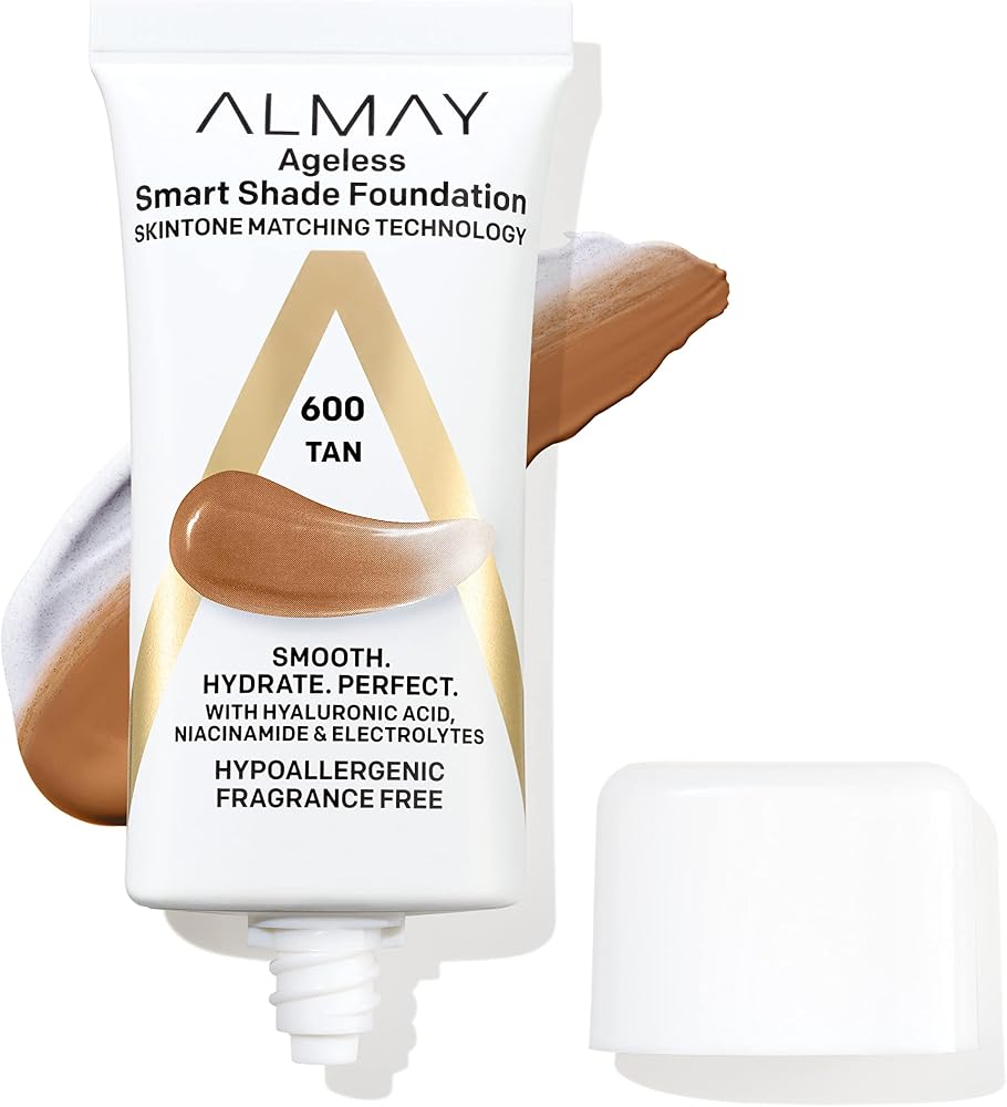 Almay Anti-Aging Foundation, Smart Shade Face Makeup with Hyaluronic Acid, Niacinamide, Vitamin C & E, Hypoallergenic-Fragrance Free, 600 Tan, 1 Fl Oz (Pack of 1)