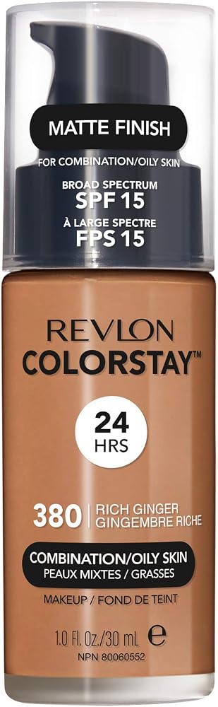 Revlon Liquid Foundation, ColorStay Face Makeup for Combination & Oily Skin, SPF 15, Medium-Full Coverage with Matte Finish, 380 Rich Ginger, 1 fl oz