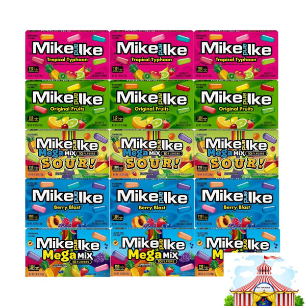 Generic Candy Assorted Flavor Mike and Ike - Original Fruits, Tropical Typhoon, Berry Blast, Mega Mix, Mega Mix Sour, 5 Flavors - 3 Each, 15 Pack, Fruity Chewy Candy Variety