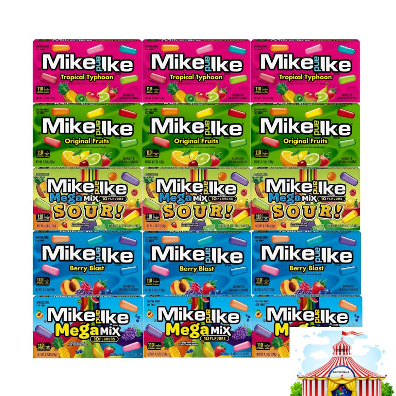 Generic Candy Assorted Flavor Mike and Ike - Original Fruits, Tropical Typhoon, Berry Blast, Mega Mix, 5 Flavors - 3 Each, 15 Pack, Fruity Chewy Candy Variety