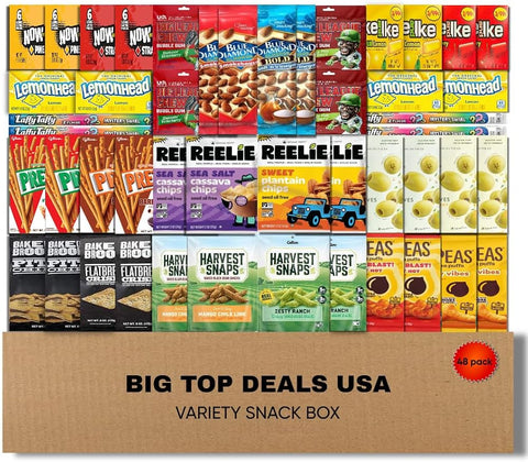 BIG TOP DEALS USA Variety Snack Box, 48 Count Candy, Chips & Snacks Assortment Gift Box for Parties, Office, College, Care Packages, Birthdays