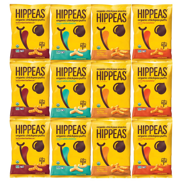 Variety Pack Organic Chickpea Puffs HIPPEAS - 4 Flavors: Bohemian BBQ, Vegan White Cheddar, Nacho Vibes, Sriracha Sunshine - 3 of Each Flavor, 1.5 oz Bags, 12 Pack - Gluten-Free, Vegan, Healthy Snack