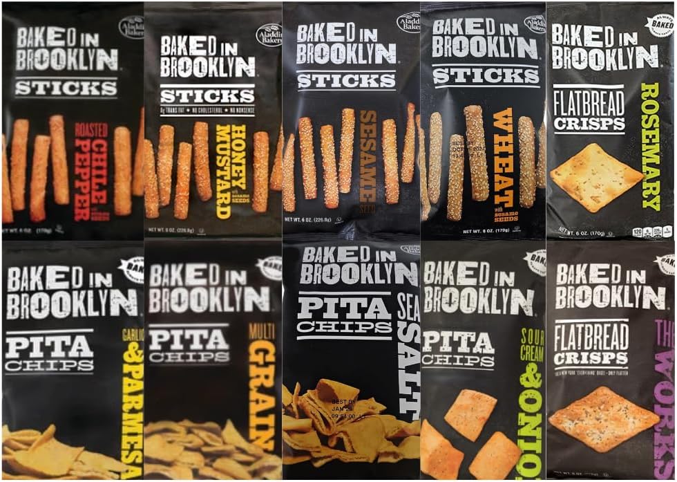 Generic Variety Pack Baked in Brooklyn - 4 Flavors of Pita Chips, 4 Flavors of Sticks, 2 Flavors of Flatbread - Healthy Snacks - 6 oz Each, 10 Pack - Perfect for Parties & On-the-Go
