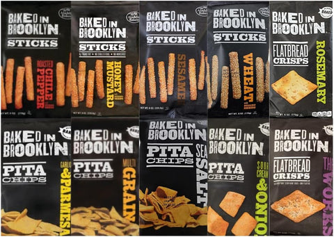 Generic Variety Pack Baked in Brooklyn - 4 Flavors of Pita Chips, 4 Flavors of Sticks, 2 Flavors of Flatbread - Healthy Snacks - 6 oz Each, 10 Pack - Perfect for Parties & On-the-Go