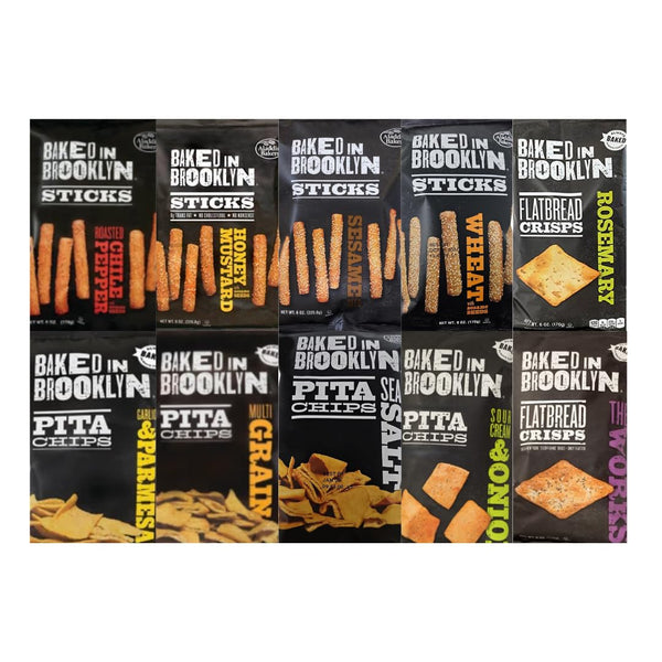 Variety Pack Baked in Brooklyn - 4 Flavors of Pita Chips, 4 Flavors of Sticks, 2 Flavors of Flatbread - Healthy Snacks - 6 oz Each, 10 Pack - Perfect for Parties & On-the-Go