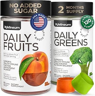 Super Greens + Super Fruits Gummies (Fruits/Greens Powder in Gummies Form) - 600mg Greens Blend + 600mg Fruits Blend for Immune Support, Sugar Free, Vegetarian, Non-GMO, 2-Pack (120 Gummies)