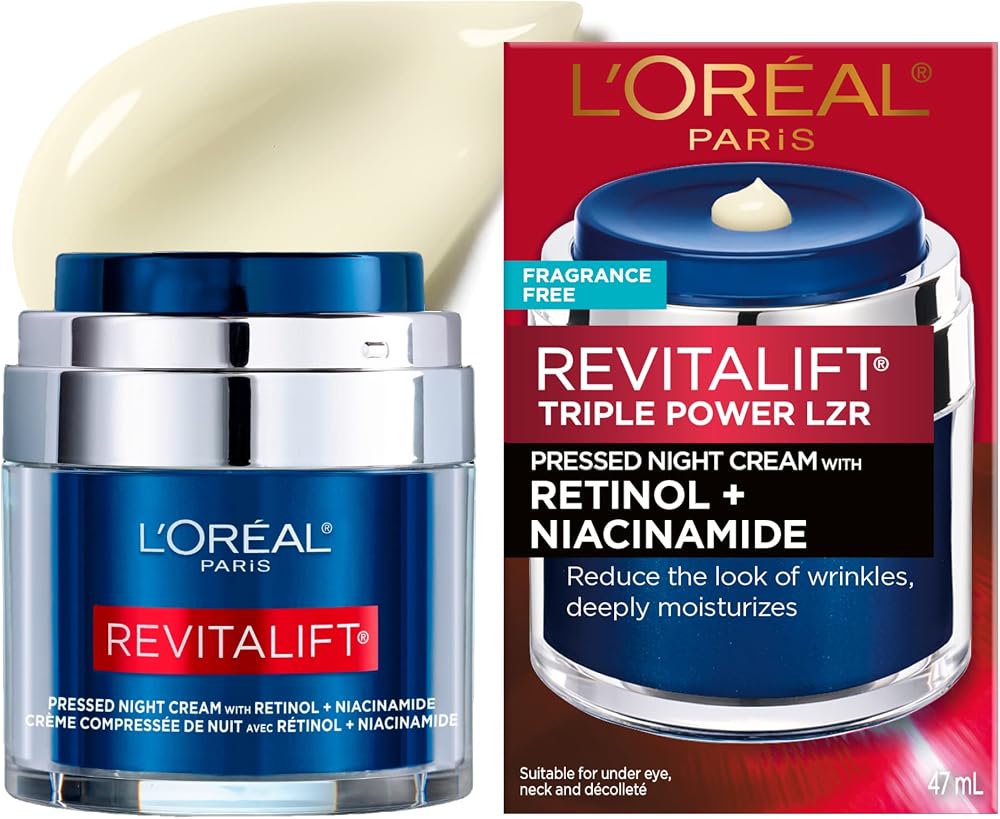 L'Oreal Paris Revitalift Pressed Night Cream with Retinol, Niacinamide, Visibly Reduce Wrinkles, Hydrate for Face, Under Eye, Neck, Chest, Dermatologist tested