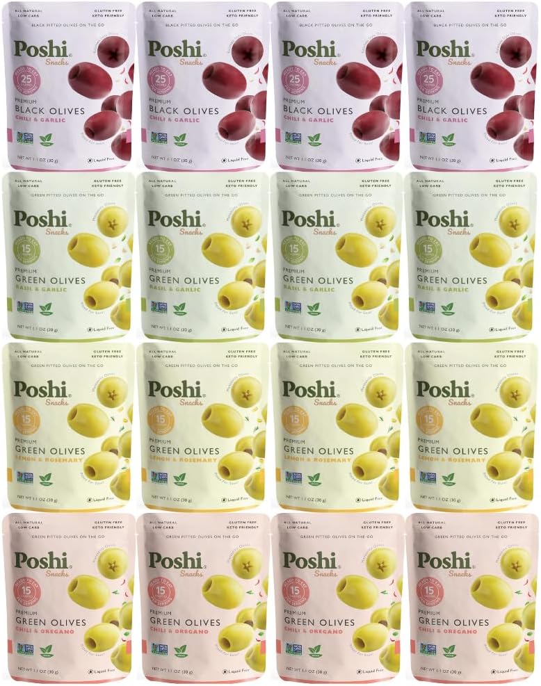 Olives Variety Pack – 16 Pack, 1.1 oz Each – 4 Flavors: Lemon & Rosemary, Chili & Oregano, Chili & Garlic, Basil & Garlic – Green & Black Kalamata, Manzanilla Olives – Healthy Snack Packs