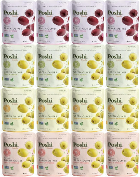Olives Variety Pack – 16 Pack, 1.1 oz Each – 4 Flavors: Lemon & Rosemary, Chili & Oregano, Chili & Garlic, Basil & Garlic – Green & Black Kalamata, Manzanilla Olives – Healthy Snack Packs