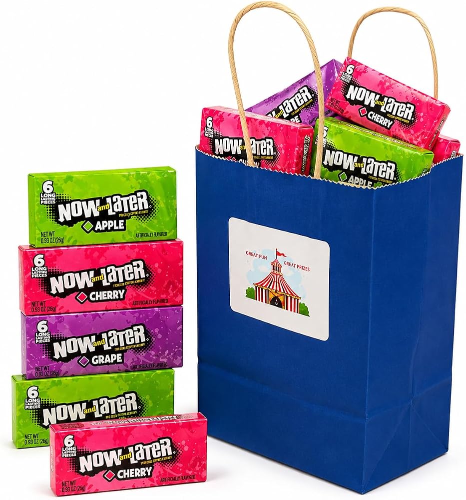 Variety Pack Now and Later Candy – 15 Count – 5 Each of Grape, Apple, Cherry – 0.93 oz Chews – Includes 5.25x3.2x8 Inch Blue Gift Paper Bag – Fruit Flavored Individually Wrapped Candy