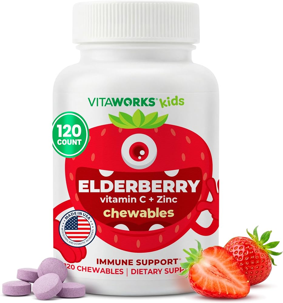VitaWorks Kids Elderberry Vitamin C and Zinc Chewable Tablets, 120 Count