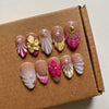 MAGLFELL Women Press On Nails - Medium Length Almond False Nails 10Pcs Luxury Handmade 3D Painting Art ABS Acrylic Artificial Fingernails (Size S)