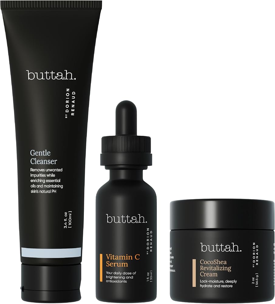 Buttah Skin 3pc Transforming Skincare Kit for Melanin | Rich Skin Revitalizing CocoShea Cream Moisturizer 2 oz | 15% Vitamin C Serum 1 oz | Buttah Cleanser 3.4 oz | Black Founded Skincare