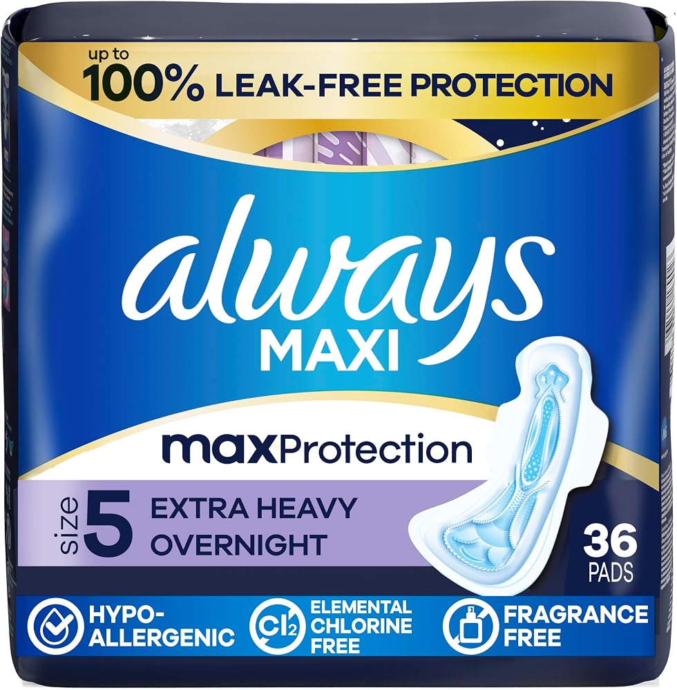 Always Maxi Overnight Pads with Wings for Women, Size 5, Extra Heavy Overnight Absorbency, Unscented, 36 Count - Personal Care